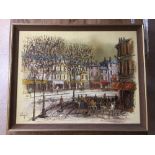 LARGE FRAMED OIL ON CANVAS FRENCH STREET SCENE SIGNED JOHN BAMPFIELD 99 X 79 CMS