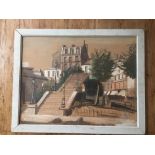 FRAMED AND GLAZED GOUACHE PAINTING ON BOARD OF A FRENCH SCENE DATED 1928 INDISTINGUISHABLE SIGNATURE
