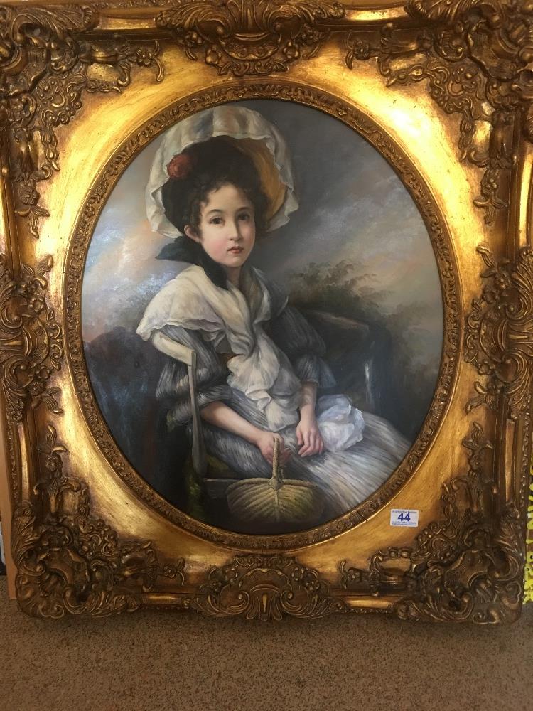LARGE ORNATE GILDED FRAMED OIL ON CANVAS PORTRAIT OF A YOUNG LADY 84 X 74 CMS