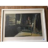 FRAMED AND GLAZED ACRYLIC ON BOARD TITLED ( TABLES AND CHAIRS) SIGNED PHILLIP TYLER 98
