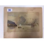 UNFRAMED WATERCOLOUR OF A LAKE SCENE UNSIGNED 30.5 X 24.5 CMS