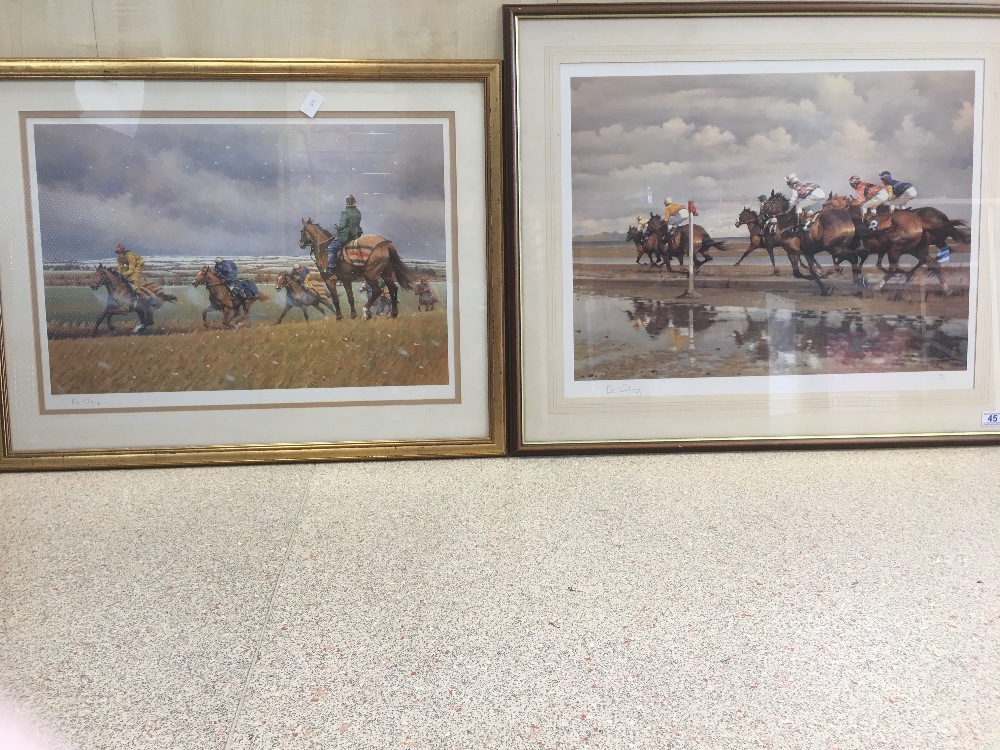 TWO FRAMED AND GLAZED LIMITED EDITION PRINTS 308/350 ( HORSE RACING ON THE BEACH AND CONVERSATION