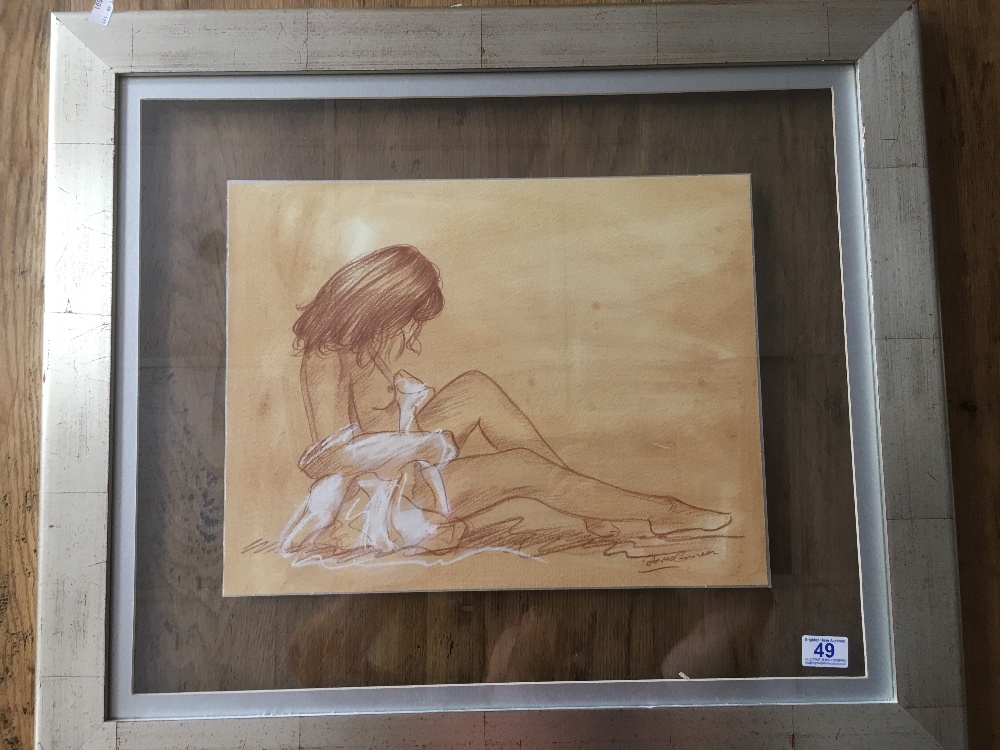 FRAMED AND GLAZED PASTEL AND CHALK DRAWING OF A WOMEN POSED PARTLY CLOTHED SIGNATURE