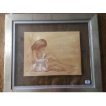 FRAMED AND GLAZED PASTEL AND CHALK DRAWING OF A WOMEN POSED PARTLY CLOTHED SIGNATURE