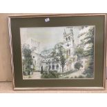 LARGE FRAMED AND GLAZED WATERCOLOUR OF ST JOHNS CATHEDRAL INDISTINGUISHABLE SIGNATURE 74 X 94 CMS