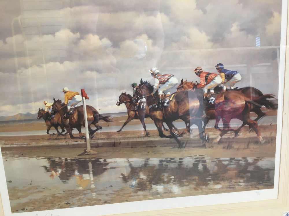 TWO FRAMED AND GLAZED LIMITED EDITION PRINTS 308/350 ( HORSE RACING ON THE BEACH AND CONVERSATION - Image 3 of 5