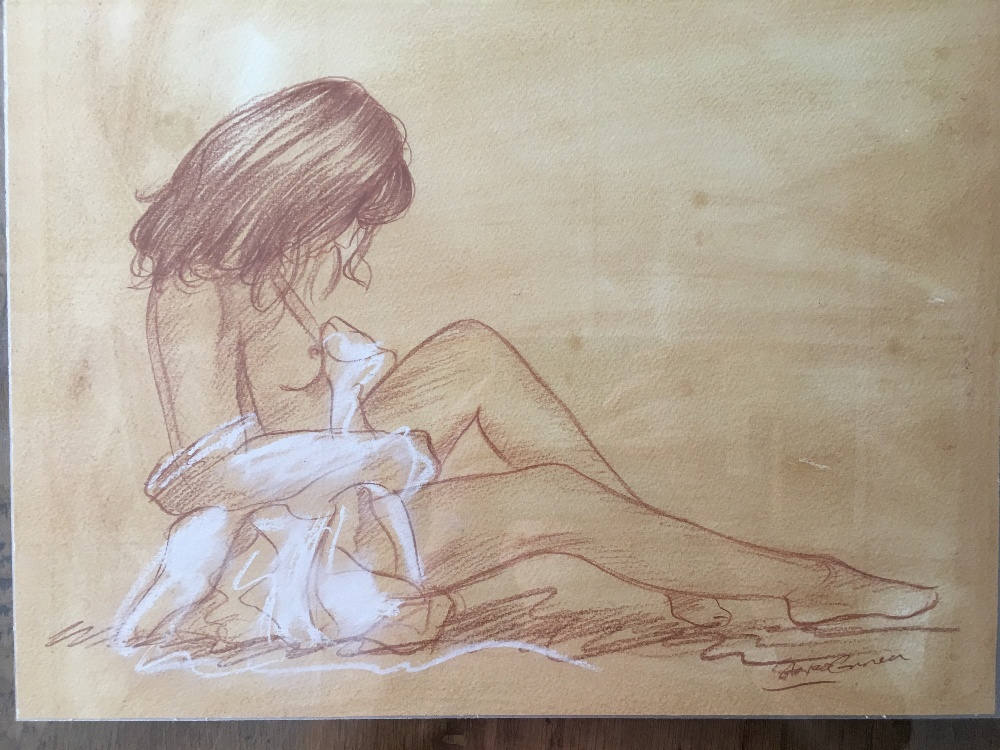 FRAMED AND GLAZED PASTEL AND CHALK DRAWING OF A WOMEN POSED PARTLY CLOTHED SIGNATURE - Image 2 of 3