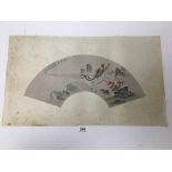 AN ORIGINAL VINTAGE PRINT ON SILK OF A DESIGN FOR A FAN DEPICTING A SCENE FROM A BEIJING OPERA, 80CM