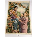 AN ORIGINAL VINTAGE POSTER FEATURING A CHINESE FRUIT PICKER AND A RUSSIAN WOMAN DATED 1956 AT THE