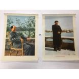 TWO VINTAGE CHINESE PROPAGANDA PRINTS OF CHAIRMAN MAO, EACH WITH CHINESE WRITING TO THEIR BASES,