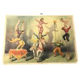 A VINTAGE ORIGINAL CHINESE POSTER OF CIRCUS PERFORMERS MARKED 1957 AND WITH CHINESE TEXT TO THE