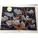 A VINTAGE CHINESE FARMERS PAINTING DEPICTING NUMEROUS STYLIZED CHICKENS PERCHED IN A TREE, CHINESE