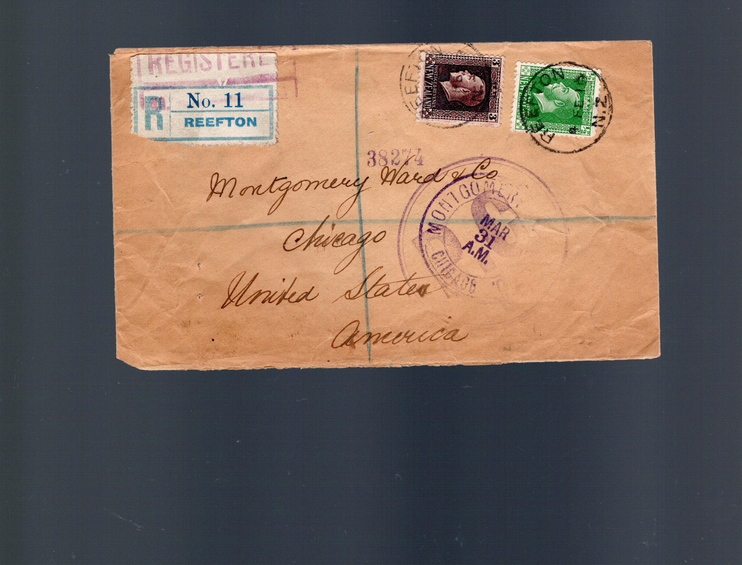 New Zealand 1928 Commercial envelope registered REEFTON, small town on the West Coast of South