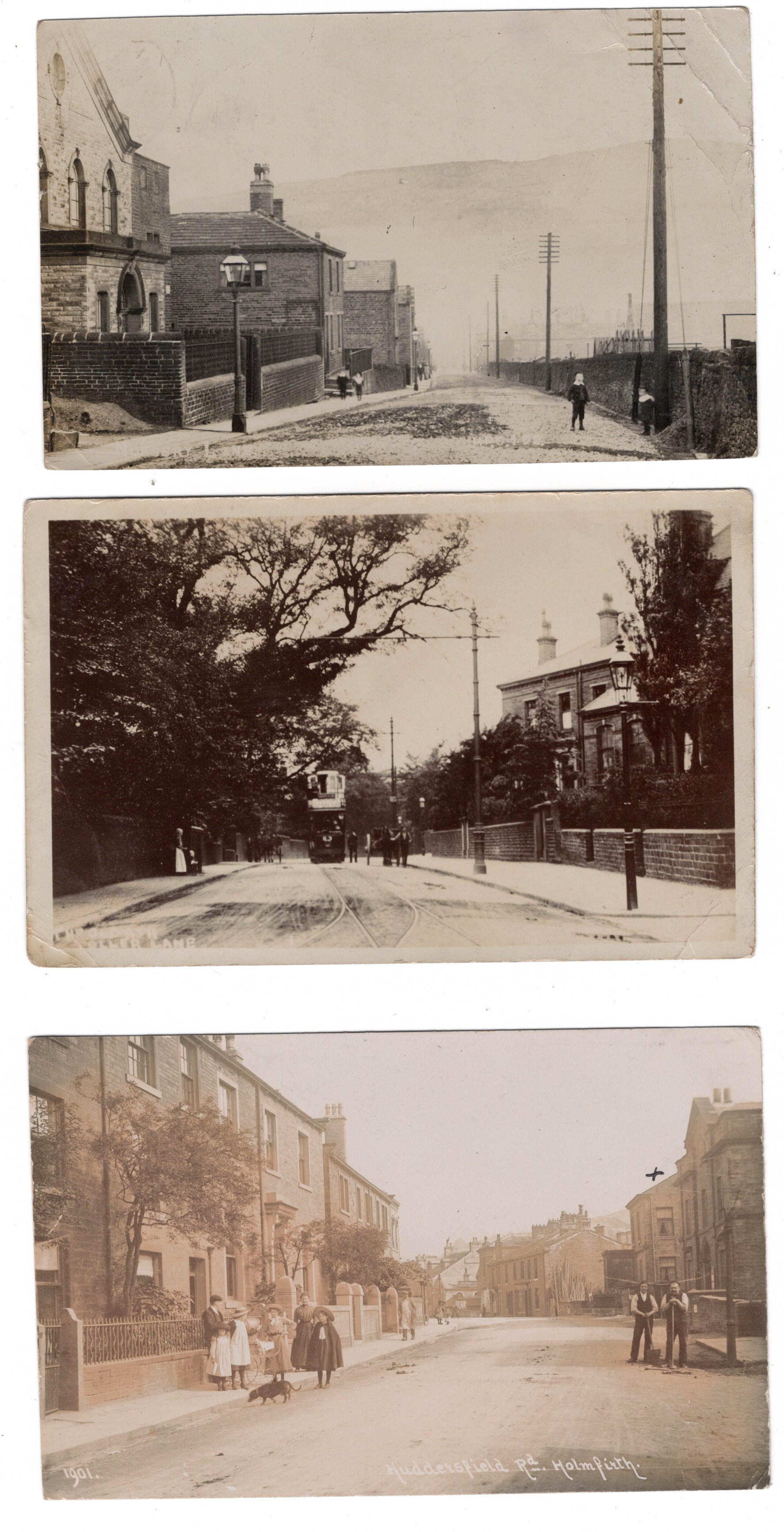 Holmfirth Yorkshire, three rare animated early RPs, Huddersfield Rd with workmen and children,