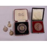 1908 Olympic Games white metal and enamel stewards medal, three hallmarked silver sporting