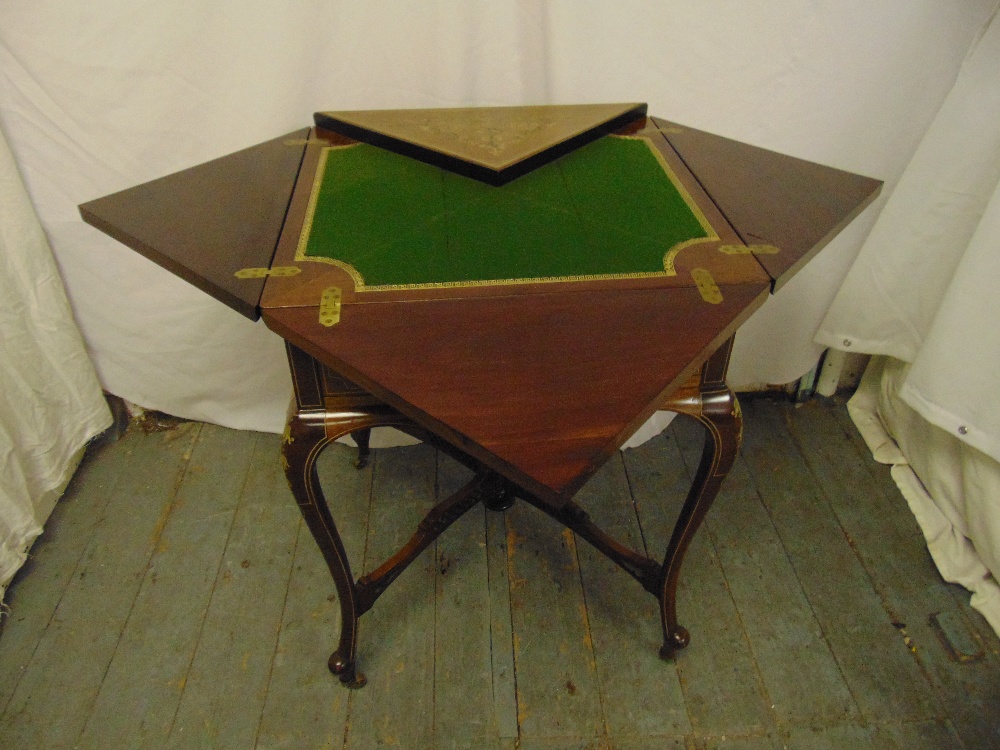 An Edwardian mahogany square inlaid envelope card table with a single drawer on four cabriole legs - Image 2 of 2