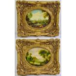 A pair of framed oval oils on panel of country landscapes in the classical style, 37.5 x 28cm