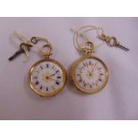Two 18ct gold open face pocket watches, white enamel dials, Roman numerals, to include keys,