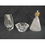 A Baccarat vase, a conical cut glass decanter and a glass ashtray
