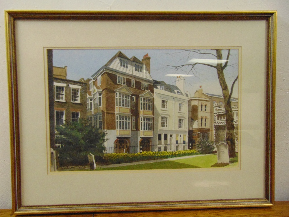 Jonathan Pike framed and glazed watercolour of Cloth Fair Smithfield, signed bottom right, 30 x 48cm