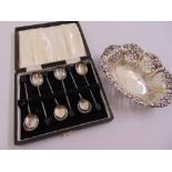 A cased set of coffee silver spoons with bean terminals and a silver bonbon dish