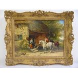 Arthur Stark framed oil on canvas of horses and figures by a coaching inn, signed bottom left, 29