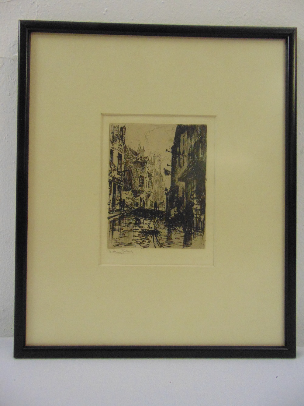 Henry Fullwood framed and glazed monochromatic etching of a street scene, signed bottom left, 12 x