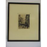 Henry Fullwood framed and glazed monochromatic etching of a street scene, signed bottom left, 12 x