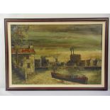 A framed oil on canvas of a continental harbour scene, signed top right, 60 x 90cm