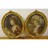 Two oval framed and glazed polychromatic etchings of Lady Hamilton and Mrs Robinson, labels and