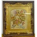 A Victorian framed and glazed embroidered still life of flowers and butterflies, 50 x 45cm