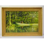 J. Greenwell framed oil on panel of a boat on a lake, signed bottom right, 38 x 58cm