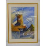 A framed and glazed watercolour of a windmill and buildings, indistinctly signed bottom left, 58 x