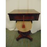 A Victorian rectangular mahogany sewing table on pedestal base with four turned feet, to include