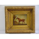 A framed oil on panel of a stallion in a landscape, 18.5 x 24cm