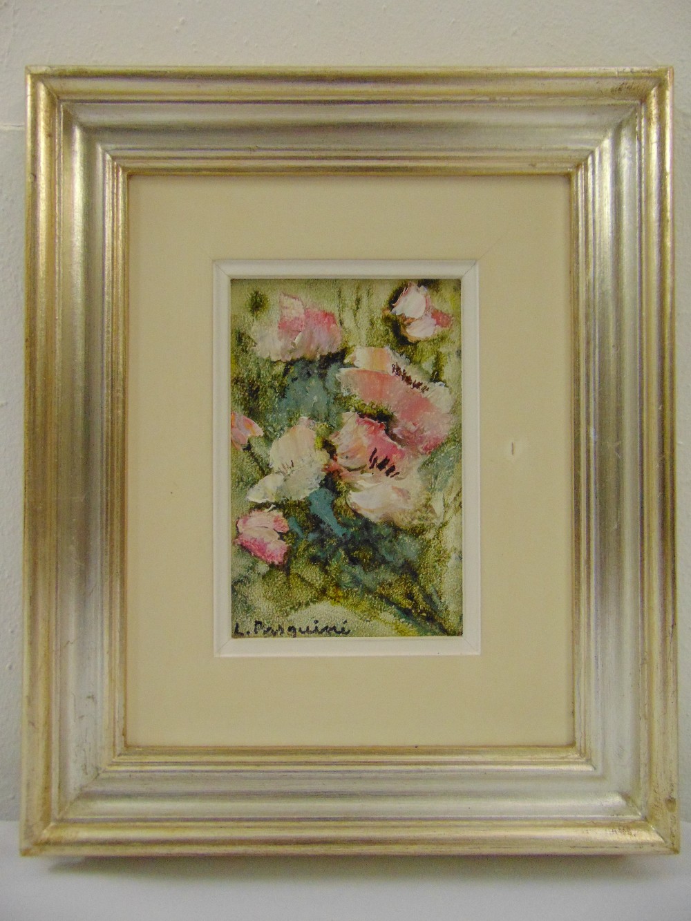 A framed oil on panel of flowers indistinctly signed bottom left, gallery details to verso, 14 x