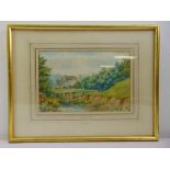 H. Meadows framed and glazed watercolour of a cottage and stream titled Castle Mill, signed bottom