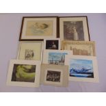 Cpt Clifford H. Fisher three watercolours, three framed polychromatic prints and two monochromatic