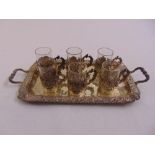 Scottish silver miniature tray and six glass and silver mounted shot glasses, Glasgow 1915