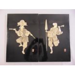 A pair of Chinese19th century carved ivory figurines in relief on black lacquered panels