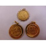 Three sovereigns set in pendant settings, approx total weight 37.3g