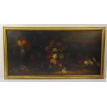 A framed oil on canvas still life of flowers, A/F, 58 x 122cm