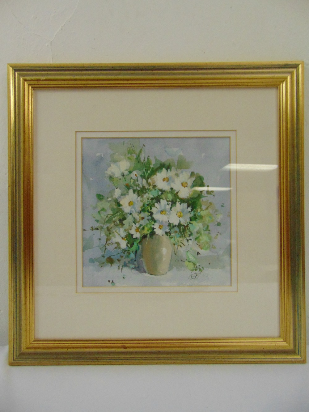 Derek Brown framed and glazed watercolour titled Daises 2, monogrammed bottom right, gallery label