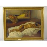 Romano Stefanelli framed oil on canvas of a reclining nude, signed bottom right, 78.5 x 99cm ARR
