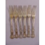 A set of six Victorian Queens pattern silver table forks with armorial crest, London 1844