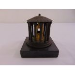A bronze incense burner in the form of a classical building on raised rectangular plinth, A/F