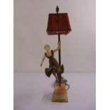 An Art Deco bronze and ivory figurine of a dancer supporting a lamp on rectangular onyx base