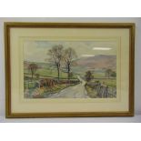 Walter Hersnell framed and glazed watercolour of a country road through fields, signed bottom