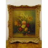 E. Piot framed oil on panel still life of flowers, signed bottom right, 57 x 47cm