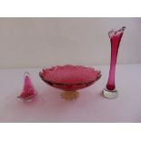 A Murano pink glass bowl and two 1950s pink glass vases